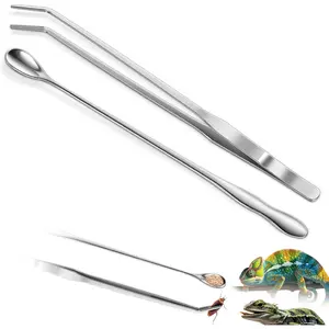 2 count Reptile Feeding Tongs, Feeding Spoon, Stainless Steel Aquarium Feeding Tools, Curved Long Tweezers 10.6 in, Long Spoon 10 in (Coffee Spoon) for Feeding Lizards, Bearded Dragons and More.