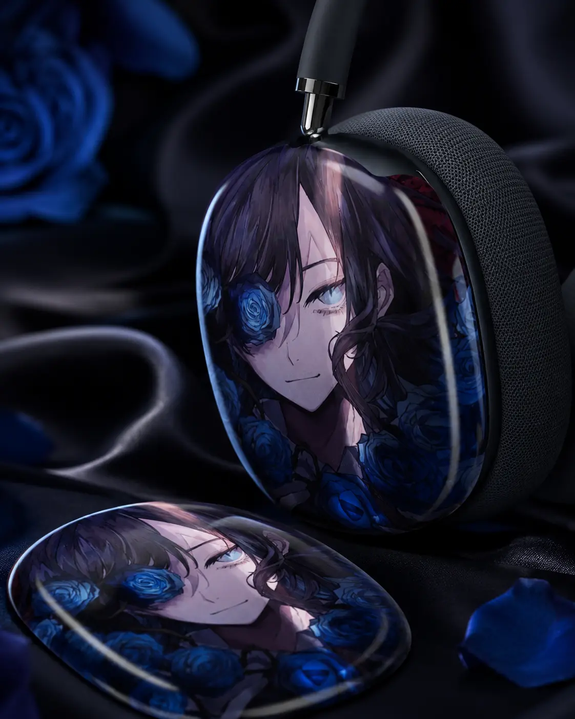 Dark Anime Blue Rose Ear Cup Covers for Over-Ear Headphones – Glossy Protective Shell Set