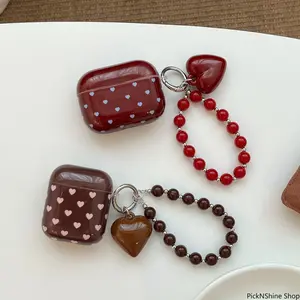 Retro Chic Full Screen Love Heart Pattern Earphone Case, Brown Wine Red Protective Cover Compatible With AirPods Series Models, Anti-Drop Durable Shell For Daily Carrying And Charging Protection