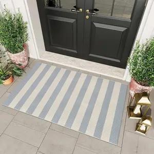 Washable Outdoor Rug 3'X5', Blue/White/Tan Outdoor Area Rug Entryway Rugs Indoor Door Mat Front Porch Rug Cotton Small Checkered Rug Floor Carpet for Entry/Patio/Bedroom/Living Room