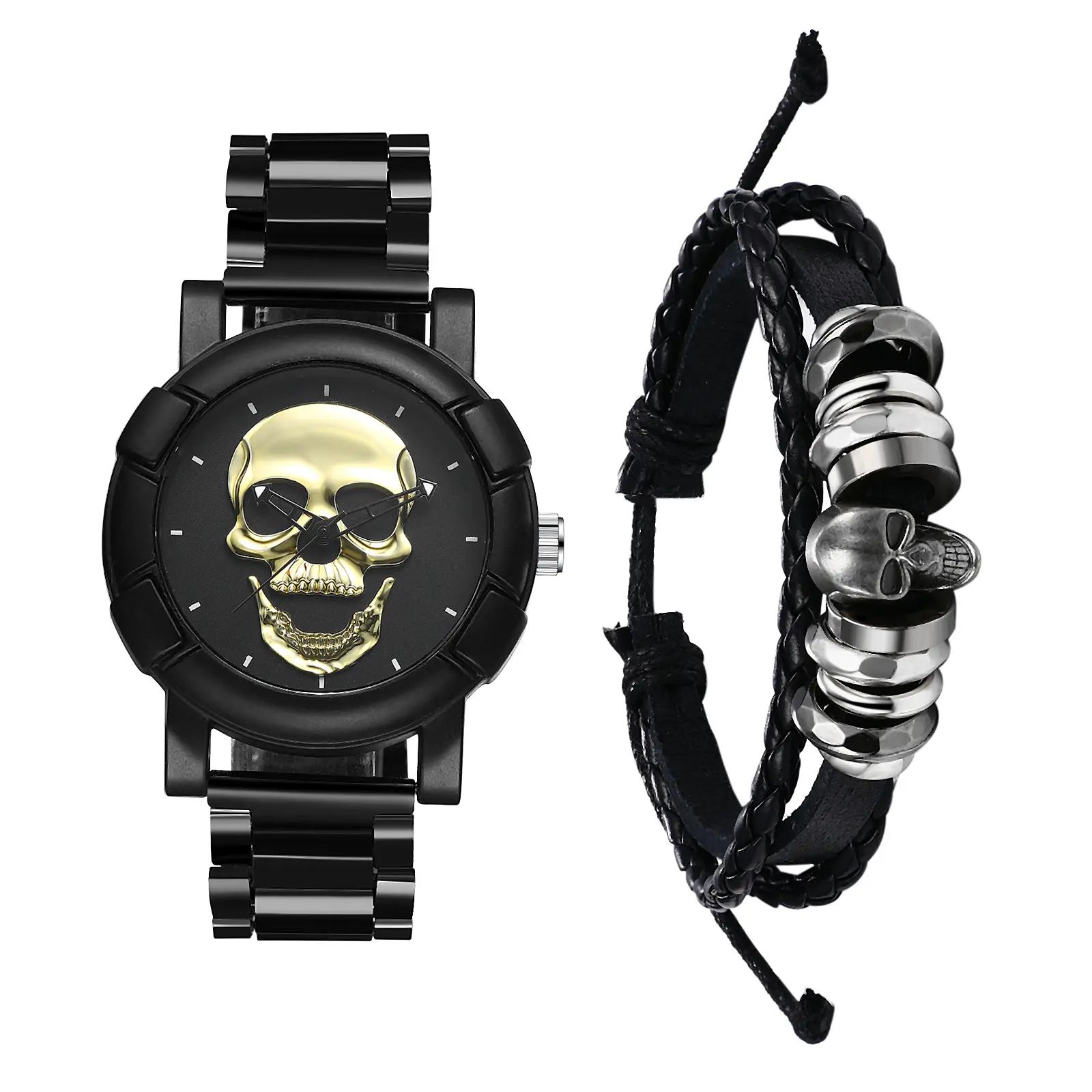 OIDEA Men's 2-Piece Steampunk Skull Watch & Bracelet Set - Masculine Quartz Analog Wrist Watch, Halloween Gift Set for Men, Masculine Quartz Watches