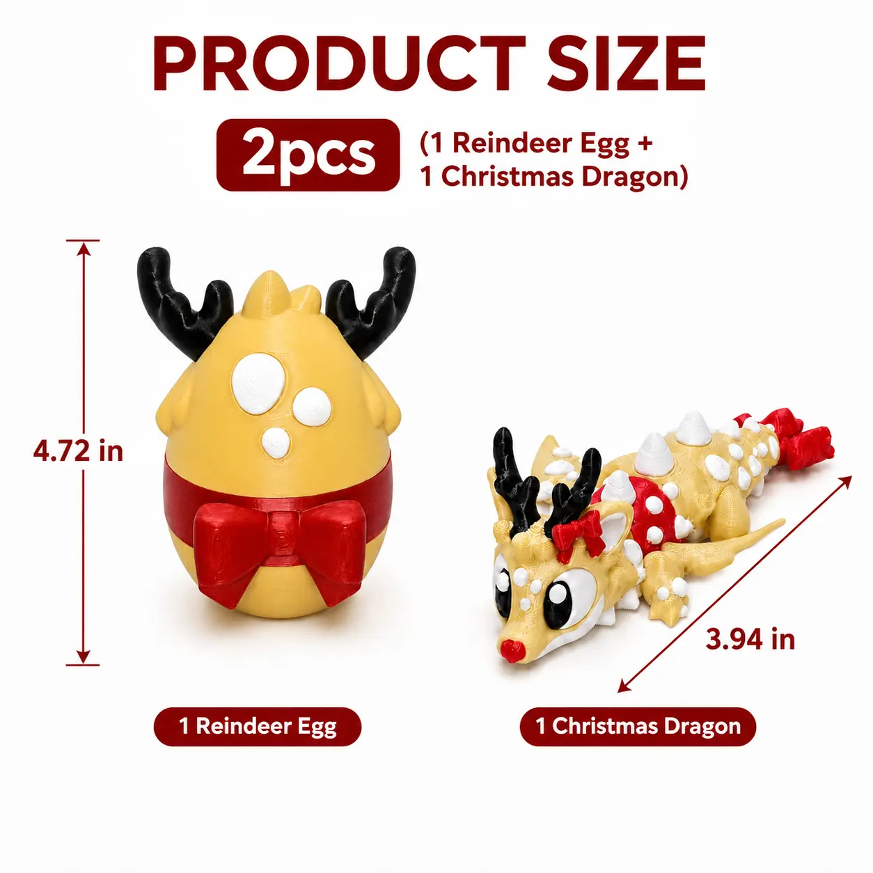 2PCS 3D Printed Christmas Dragon Ornament Set, Reindeer Egg with Articulated Dragon, Cute Holiday Desk Decoration, Christmas Collectible Display, Unique Stocking Stuffer Gift for Kids and Adults