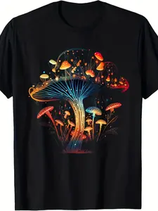 Men'S And Women'S Country-Style Mushroom Pattern T-Shirt - Loose Fit with a Vintage Hippie Vibe, Featuring Glowing Lights And a Magical Forest Design - Breathable Casual T-Shirt Suitable for Outdoor Activities, Music Festivals