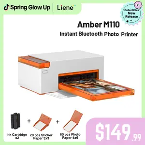 Liene Amber M110 Bluetooth Photo Printer 80 Sheets, Photo Printer for iPhone, Thermal Dye Sublimation, Picture Printer 60 Sheets 4x6 Paper & 20 Sheets 3" Square Sticker Paper & 2 Cartridges, New Drops, Spring Glow Up