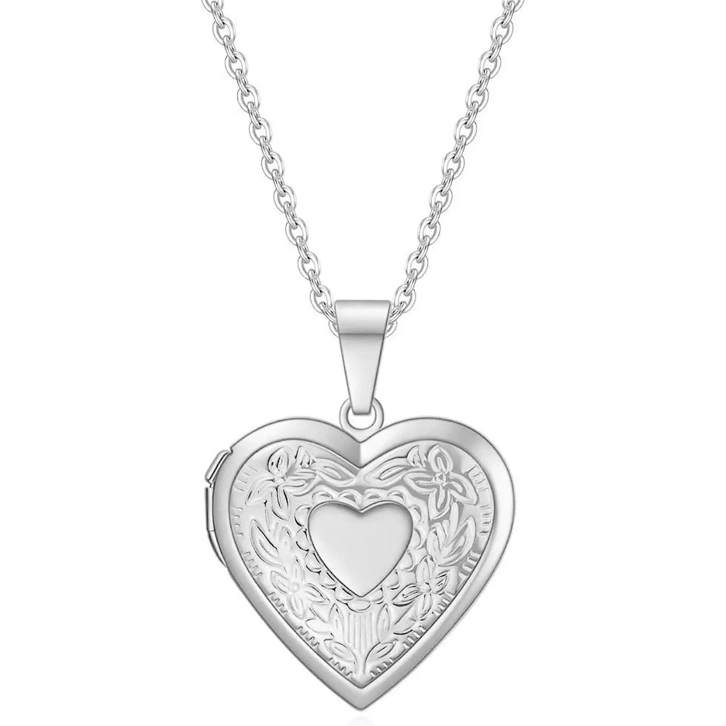 Heart Locket Necklace for Women, Vintage Engraved Flower Photo Locket that Holds Pictures, Personalized Metal Jewelry Gift in Oval & Round Shapes, Heart Locket Necklaces