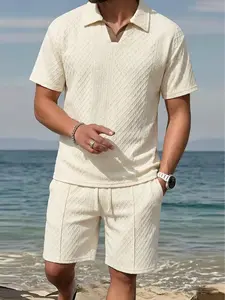 Men's Casual Summer Outfit Textured Revere Collar Polo & Drawstring Shorts Relaxed Fit Beach Vacation Top & Bottom Set