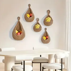 3pcs Bohemian style wall hanging basket, a small and cute kitchen fruit and vegetable storage basket, suitable for garlic and onion, home and dining decoration, Shelf Baskets