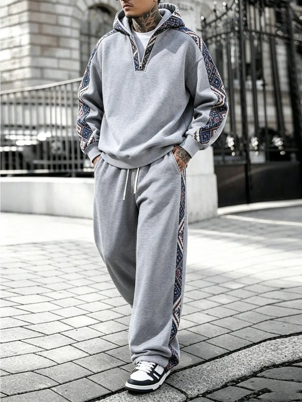 Men's 2-Piece Sports Clothing Set - Ethnic Geometric Jacquard Half-Zip Long Sleeve Hoodie, Normal Type Wide-Leg Below-the-Ankle Sweatpants, Male Fitted Casual Knit Streetwear for Spring, Autumn, Machine Washable