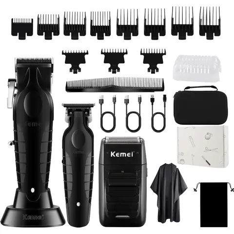 KEMEI Professional Men's 3-Piece Grooming Kit - Cordless Trimmers & Clippers, 3-in-1 with T-Blades/Foil Shaver, Adjustable Trimmer Head, 11 Guide Combs, 5V/1A USB Charging, ABS Plastic Build, Clippers for Shaving, Hair/Body Trim, Mens Gifts