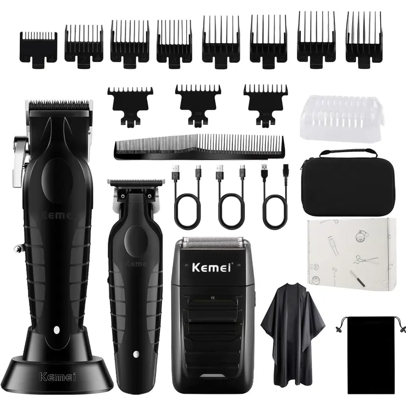 KEMEI Professional Men's 3-Piece Grooming Kit - Cordless Trimmers & Clippers, 3-in-1 with T-Blades/Foil Shaver, Adjustable Trimmer Head, 11 Guide Combs, 5V/1A USB Charging, ABS Plastic Build, Clippers for Shaving, Hair/Body Trim, Mens Gifts,techvibes