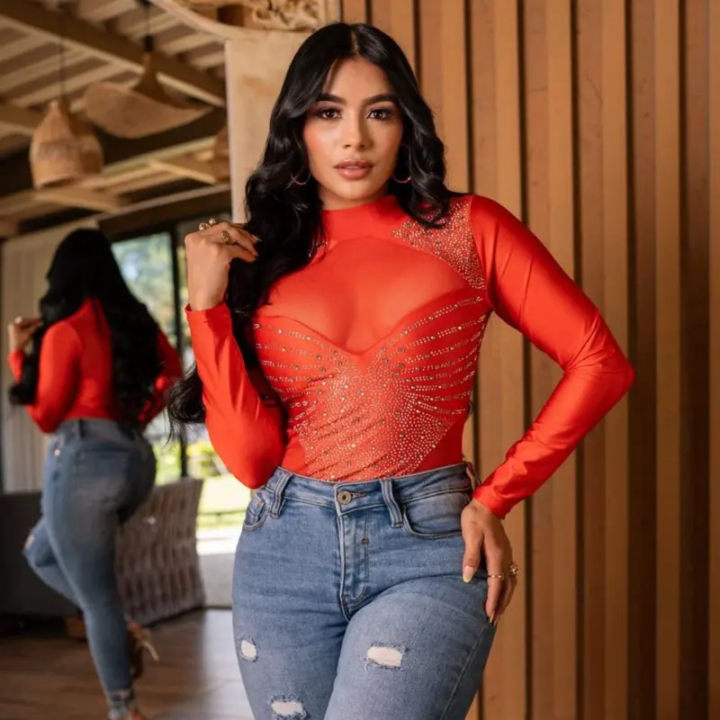 Women's Chic Colombian Bodysuit Top - Sheer Mesh, Long-Sleeve, Rhinestone-Accented, Comfortable 1-Piece for Everyday Elegance, S-L Sizes, Casual, One Size