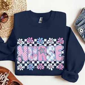 Preppy Checkered Nurse Blue Floral Graphic, Preppy Nurse Shirt & Sweatshirt Design, Nurse Life Tee, Nicu RN CNA, Everyday, Stethoscope Shirt