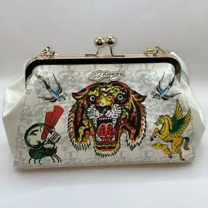 Ed Hardy White & Gold Graphic Clutch Handbag w/ Rhinestone Tiger & Kiss Lock - Brand New with Tags