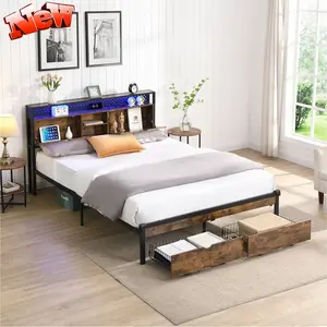 Queen Size Bed Frame with Storage Headboard and Charging Station, Metal Queen Platform Bed Frame with LED Lights and 2 Drawers, Wooden Headboard and Footboard, No Box Spring Needed, Queen Size, Brown