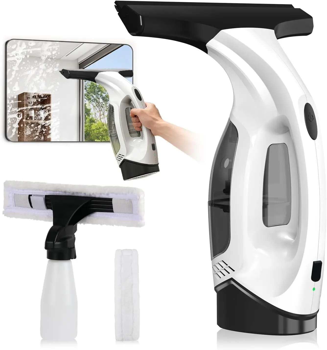 Window Vacuum Squeegee Cordless, 2000Pa Electric Window Cleaner Tool | with 2200mAh & 150ml Water Collection Tank, Window Cleaning Kit Shower Squeegee for Glass Doors, Tiles, Mirrors, Car (White)