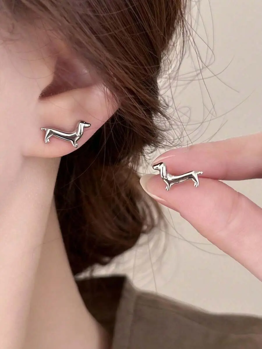 Women's Cute Dachshund Metal Stud Earrings, 1-Pair Niche Creative Design, Minimalist Versatile Costume Jewelry