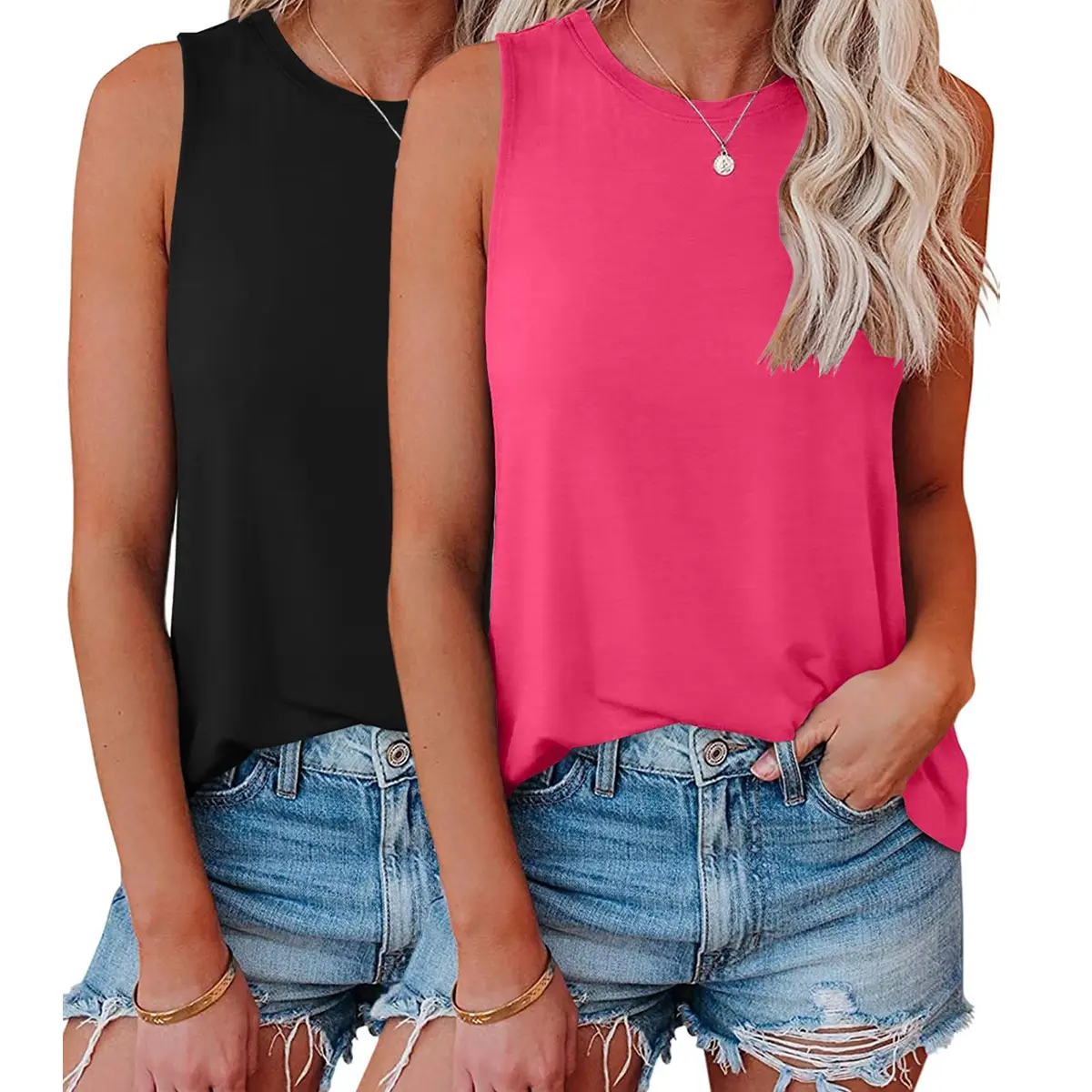 1/2Pack Womens Crew Neck Tank Tops Casual Loose Fit Sleeveless Shirt