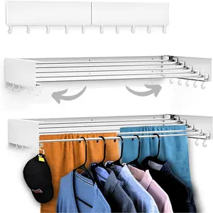 Foldable Wall Mounted Drying Rack - 31.5" Wide, 13.2 Ft Drying Space, 5  Rods, Supports Up to 60 lbs - Retractable & Foldable Space-Saving Wall Mounted Clothes Drying Rack (White)
