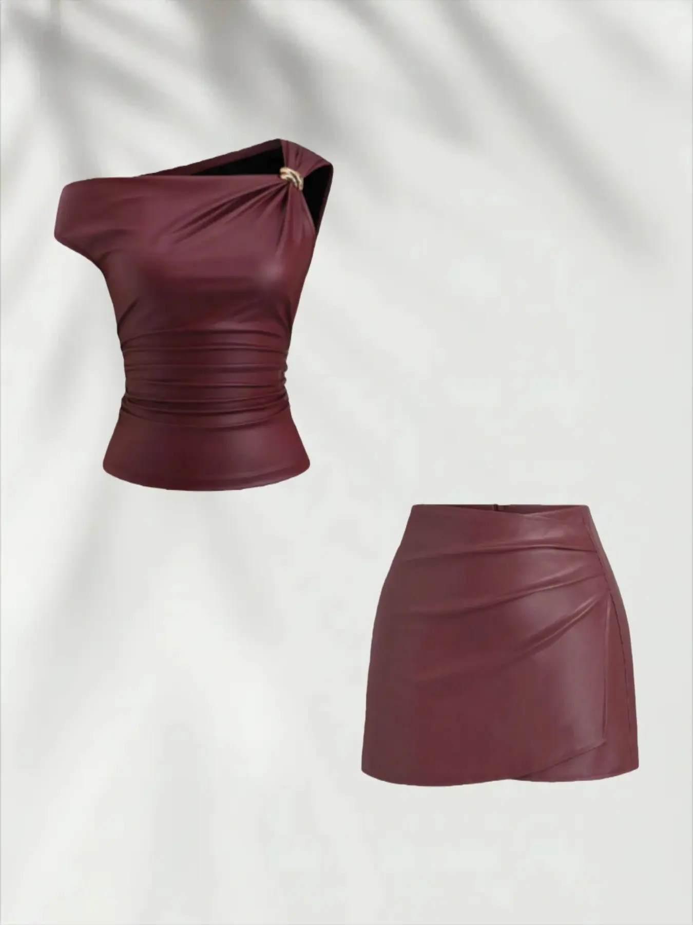Elegant PU Leather Two-Piece Set, Stylish Metal Buckle Design Top & Bodycon Skirt, Perfect for Casual Wear, Women's Fashion