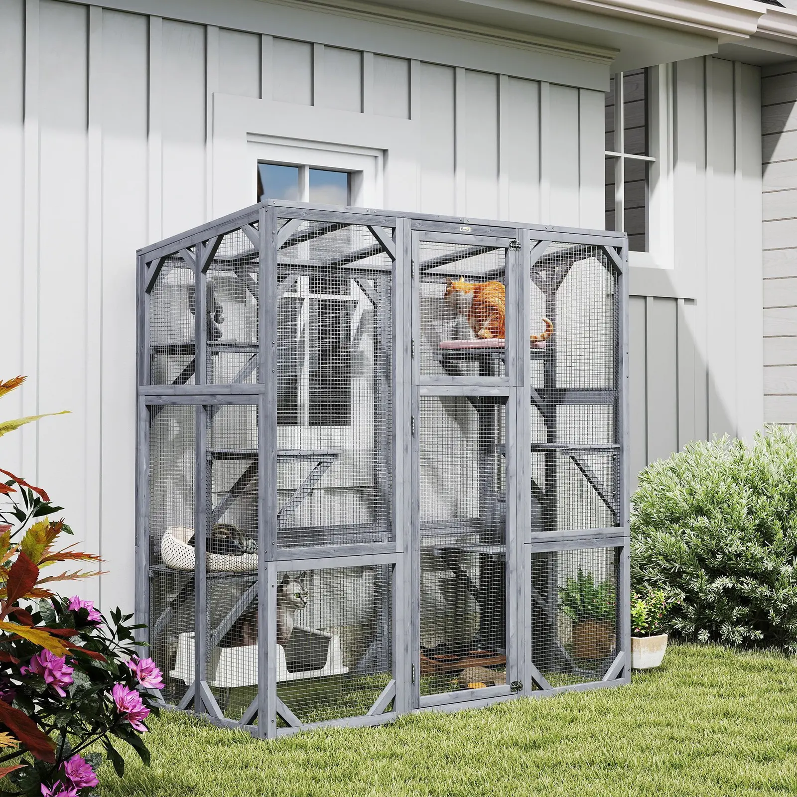 PawHut Catio Outdoor Cat Enclosure for 1-3 Cats 59" x 28" x 60" Gray Fir Wood with 6 Jumping Platforms & Sunproof Roof D32-035V00GY