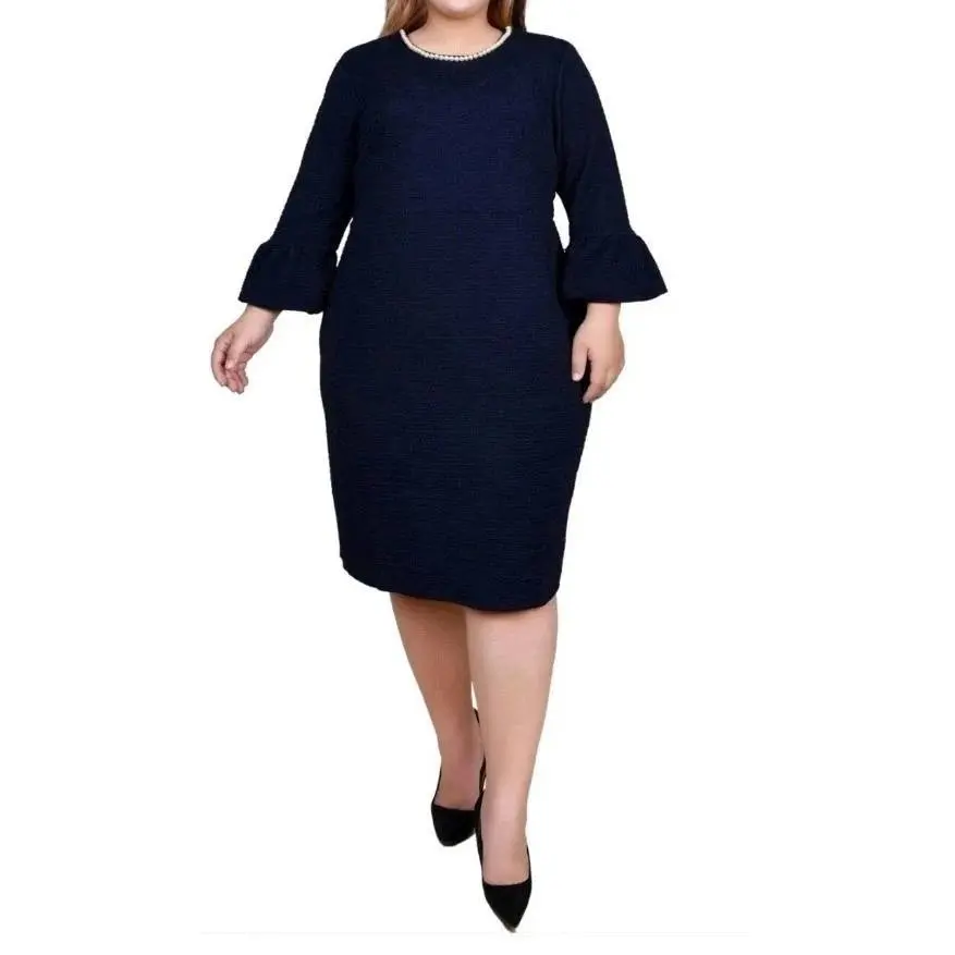 NY Collection Petite Women's Pearl Embellished Sheath Dress with Bell Cuffs | Textured Stretch Knit Cocktail Dress, Wedding Guest Outfit with Zipper, Elegant Dresses
