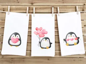 Set of 3 Penguin Flour Sack Kitchen Towels Cute Pink Hearts Balloons Hand Tea Dish Towel Valentine's Day Birthday Gift Idea