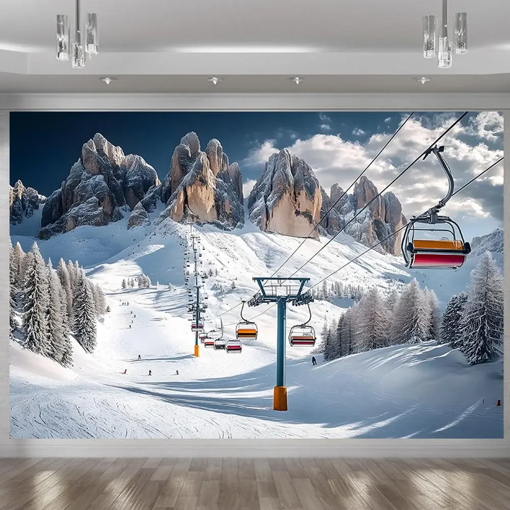 1pc 2D Flat Winter Sports Party Banner - Durable Polyurethane Wall Decor with Soft Glam Snowy Mountain Print, Ski Lift & Snowboard Scene, Indoor Seasonal Textile Decoration, One-Piece