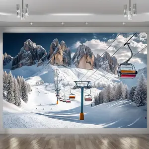 1pc 2D Flat Winter Sports Party Banner - Snowy Mountain Ski Scene with Lift and Snowboard Polyurethane Background Decoration Suitable for Home Room or Wall Decor Perfect for Parties Gifts and Season Ornaments White