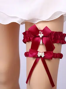2Pcs Bridal Garter Set, Main & Toss Garter with Satin Bow, Pearl & Rhinestone Detail, Stretchy Thigh Band for Bride, Wedding, Honeymoon, Reception Party