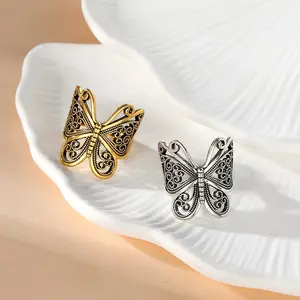 HENSY Vintage Butterfly Ring – Hollow Carved Open Band – Dark Romantic Adjustable Ring – Stackable Y2K Statement Jewelry