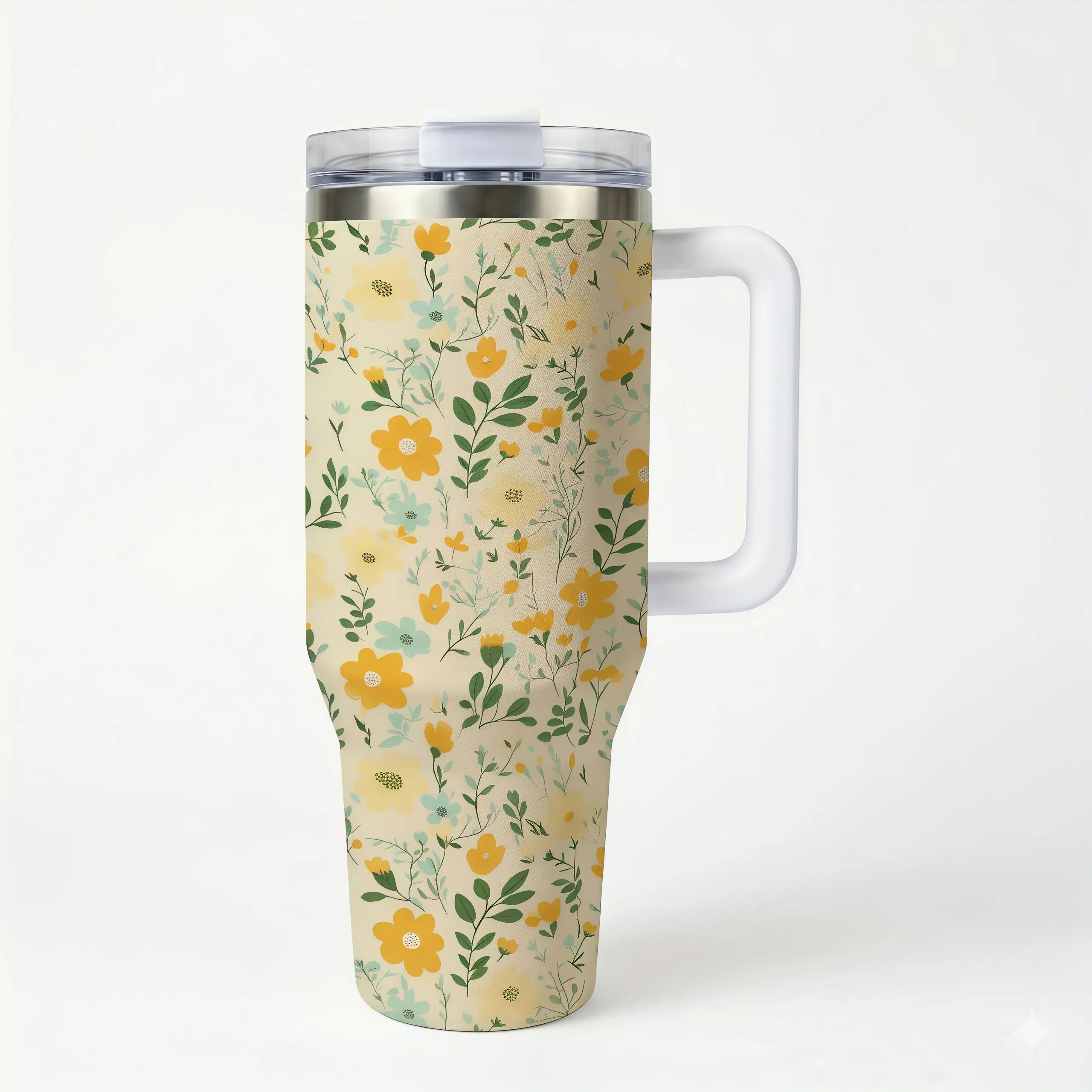 1pc 40oz Stainless Steel Insulated Travel Tumbler with Handle, Spring Wildflower Floral Print, with Lid And Straw, Keep Hot 12H/Cold 24H, Great for Commute, Picnic, Office, Unique Gift for Women