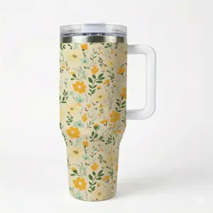 1pc 40oz Stainless Steel Insulated Travel Tumbler with Handle, Spring Wildflower Floral Print, with Lid And Straw, Keep Hot 12H/Cold 24H, Great for Commute, Picnic, Office, Unique Gift for Women