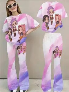 3D Anime Print Set for Women, Gradient Short Sleeve Bell Pants, Summer Sweet Cool, Casual Slim-Fitting Style Clothes