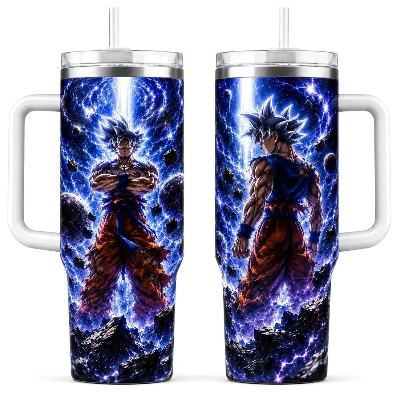 Silver Saiyan Anime Warrior 40oz 30oz 20oz Tumbler with Handle, Purple Electric Aura Manga Cup, Shonen Fighter Fan Gift