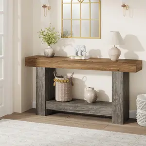 Garvee 63'' Farmhouse 2-Tier Entryway Console Table with Open Storage - Long Wooden Sofa Accent Table for Entrance, Living Room & Hallway, Sturdy Design for Functional and Stylish Home Decor