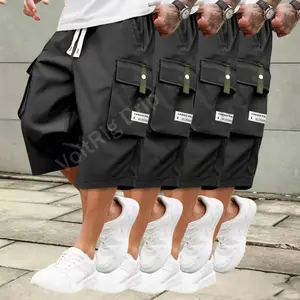 Men’s Lightweight Breathable Cargo Shorts 4 Pack 7/8 Length Casual Athletic Short with Adjustable Drawstring Waist Large Utility Pockets and Trendy Letter Patch Design Summer Outfit