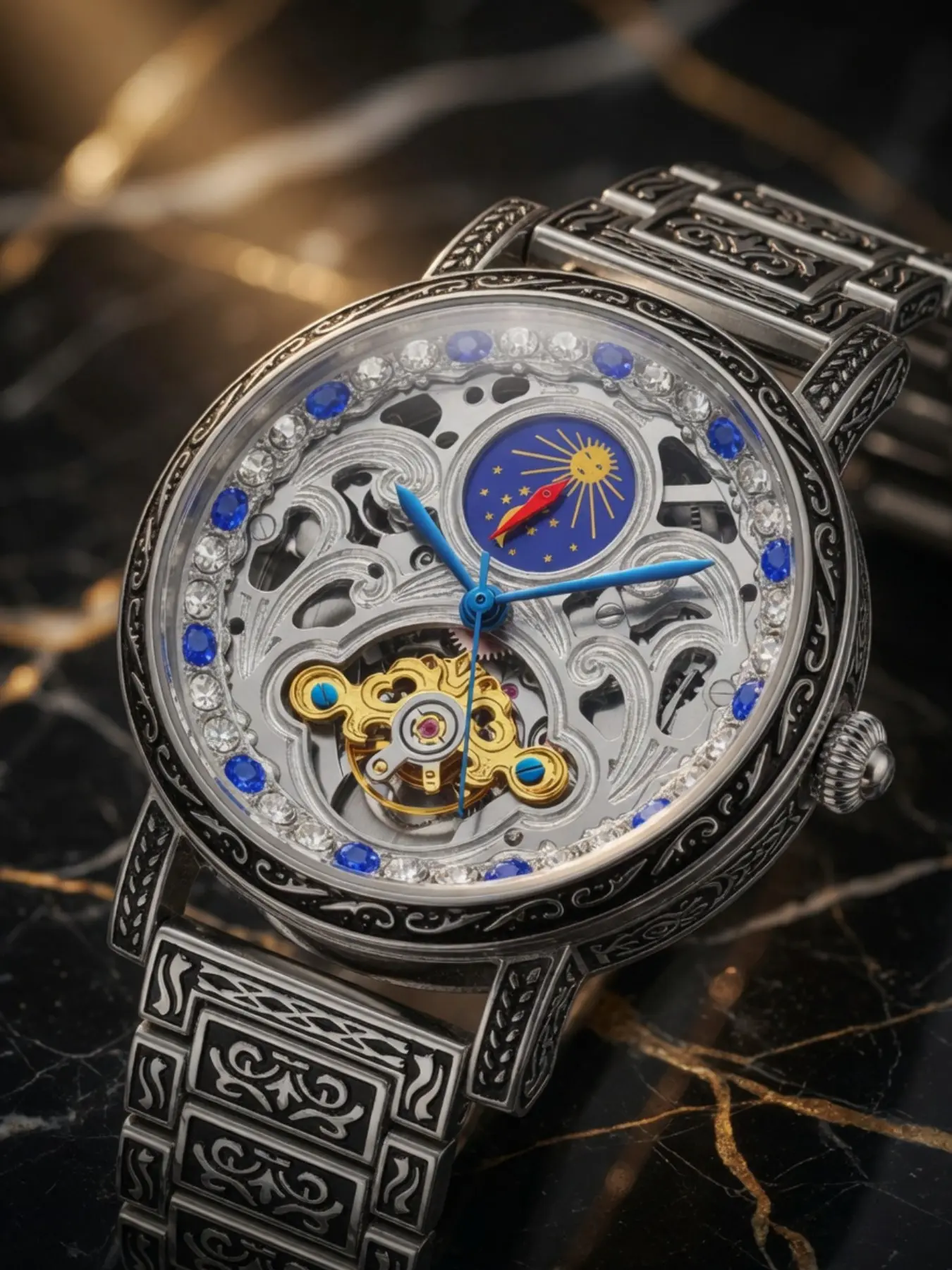 Vintage Floral Moon Phase Hollow Men's Mechanical Watch, Analog Dial, Silver Case, Hand Engraved Band, Blue Gemstones, Waterproof Stainless Steel Strap