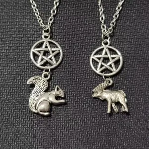 Supernatural Pentagram, Squirrel & Moose Pendant Necklace - Collar Sweater Chain Jewelry, Chain Jewelry Necklaces