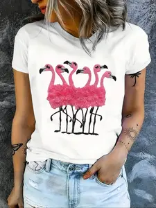 Women's Flamingo Print Round Neck Tee, Fashion Casual Crew Neck Short Sleeve T-Shirt for Daily Holiday Vacation Outdoor Wear, Ladies Clothes for All Seasons, Top