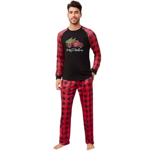 Family Christmas Pajams Sets Buffalo Raglan Sleeves Holiday Jammies with Christmas Pickup Truck Pattern Two-Piece Matching Sets for Couples,Red - M