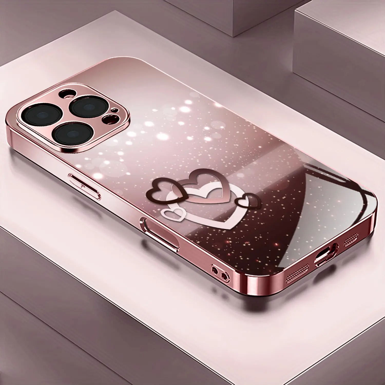 Fashionable and romantic pink heart-shaped design metal-coated glass phone case,for iPhone 17 Pro Max Phone Case 17 Air 16E 16 Pro Max 15 Pro Max 15 Plus 14 Plus 13 12 11 Phone Cases