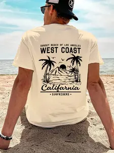 Men's Summer Casual Short Sleeve T-Shirt, Los Angeles Sunset Beach Graphic, Fitted Soft Fabric, Perfect for Vacation & City Walks