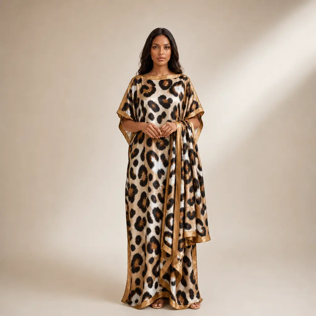 Women's Elegant Leopard Pattern Robe Set, Long Dress + Headscarf Scarf Hairband, Beach Sun Protection Satin Silk Shawl, Beach Cover Ups, Swimwear Coverups, Swimsuit Cover Ups, Summer Coverup