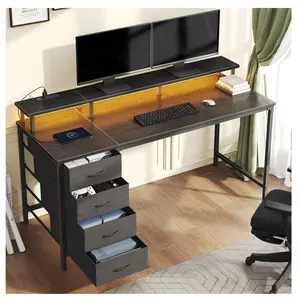 47-Inch Computer Desk with Power Outlets and LED Lights, Gaming Desk with 4 Drawers and Monitor Stand for Small Spaces, Black
