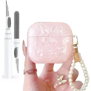X-SBB12  for Cute Glitter Airpods 4 Case 2024 with Cleaner Pen, Shell Pattern Apple Airpods iPod 4th Generation Case Cover Protective Skin Girl Women with Luxury Pearl Keychain, Pink
