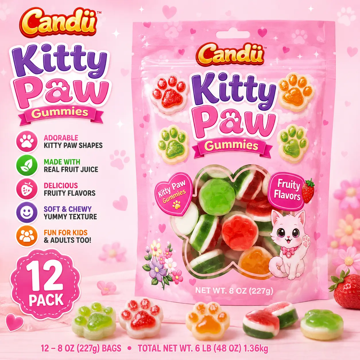 Candu Kitty Paw Fruit Gummy Candies, 12 Packs of 8 oz Soft Sweet Chewy Assorted Fruity Snack
