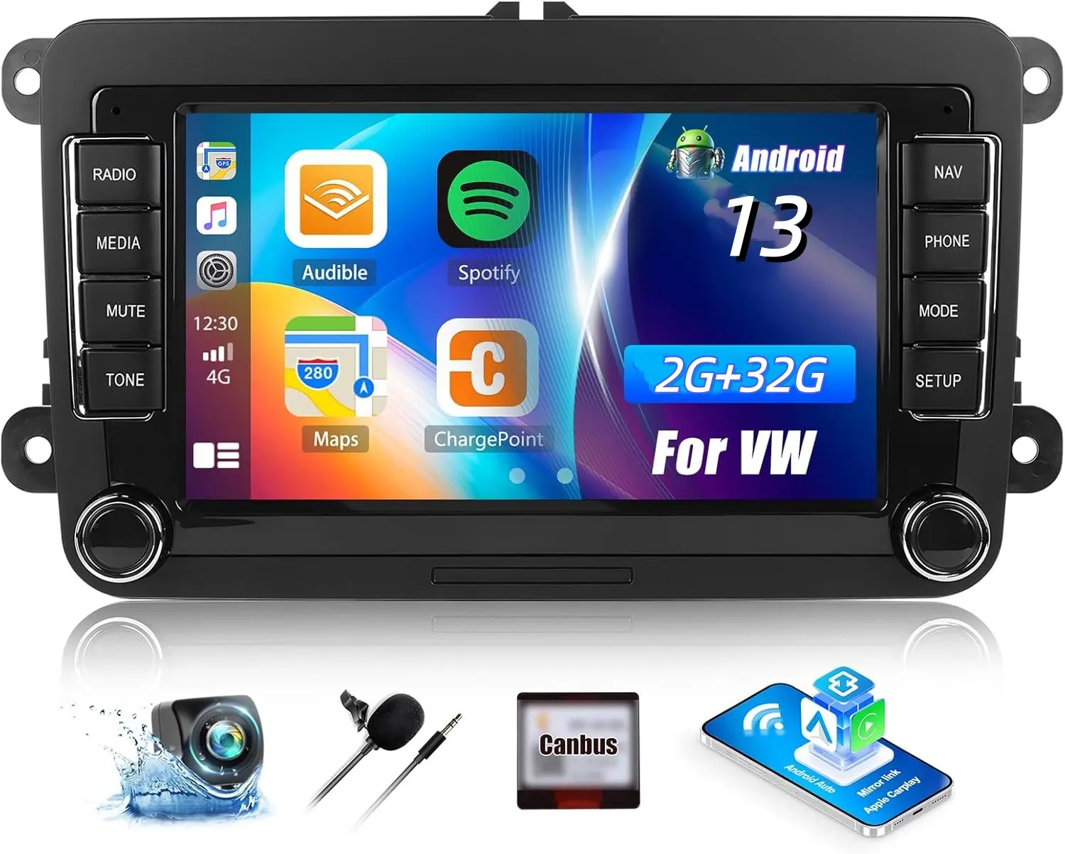 8-Core 5G WiFi Android 13 Car Stereo for VW Passat Jetta Tiguan Golf MK5 MK6 T5 EOS Polo 7 Inch Touchscreen Android Car Radio with Wireless Carplay Android Auto GPS Navigation Backup Camera WiFi