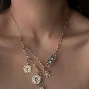 Black Celestial Coin Necklace with Moon and Sun Charms for Women's Fashion