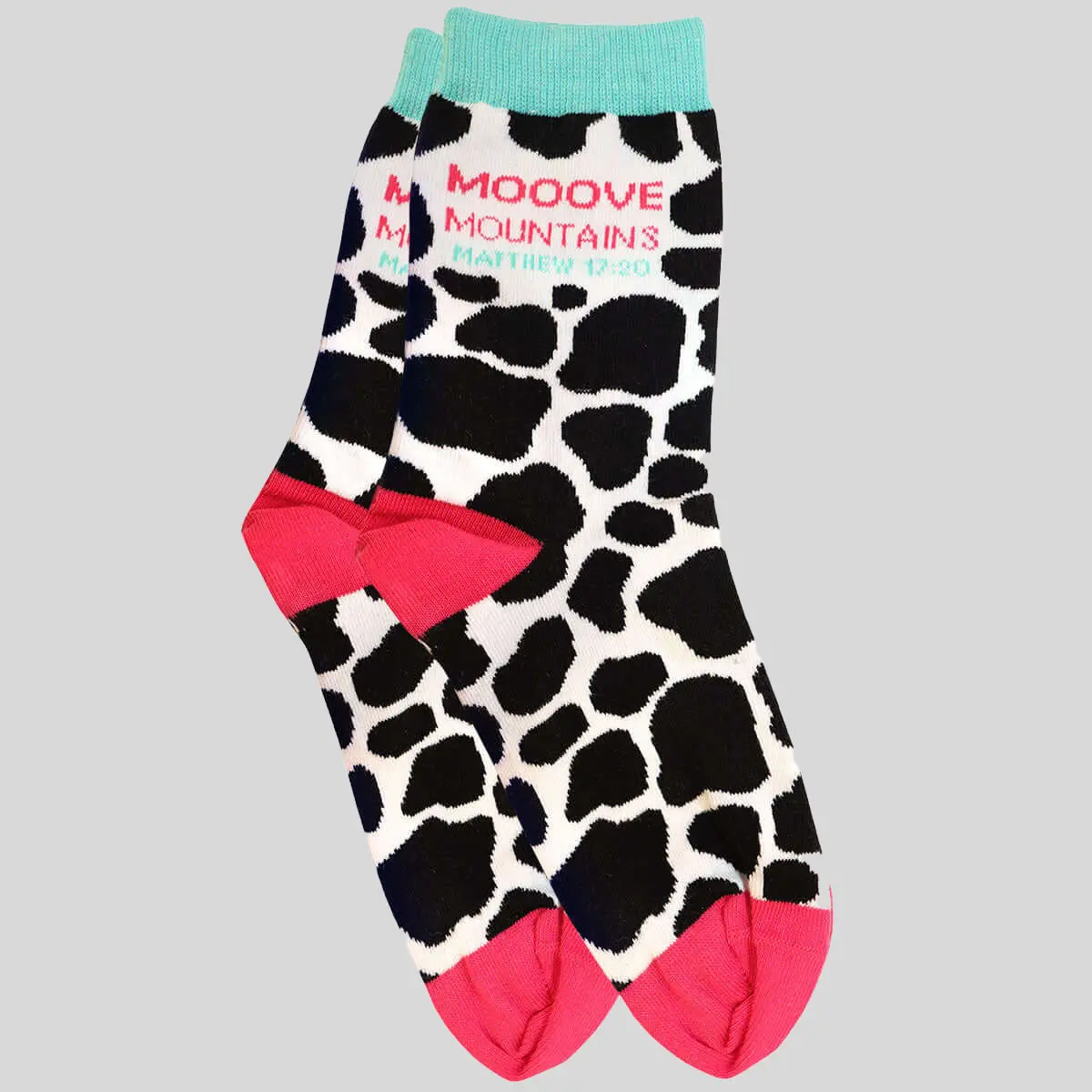 Women's Crew Socks in Cow Print, Breathable Cotton Blend with "Moove Mountains" Slogan, Religious Novelty Gift, Fits Most Sizes, Ladies, Socks For Women, Christian Gift, Cute, Fits Most Sizes Moo™, Calf High, Mid-Calf Socks