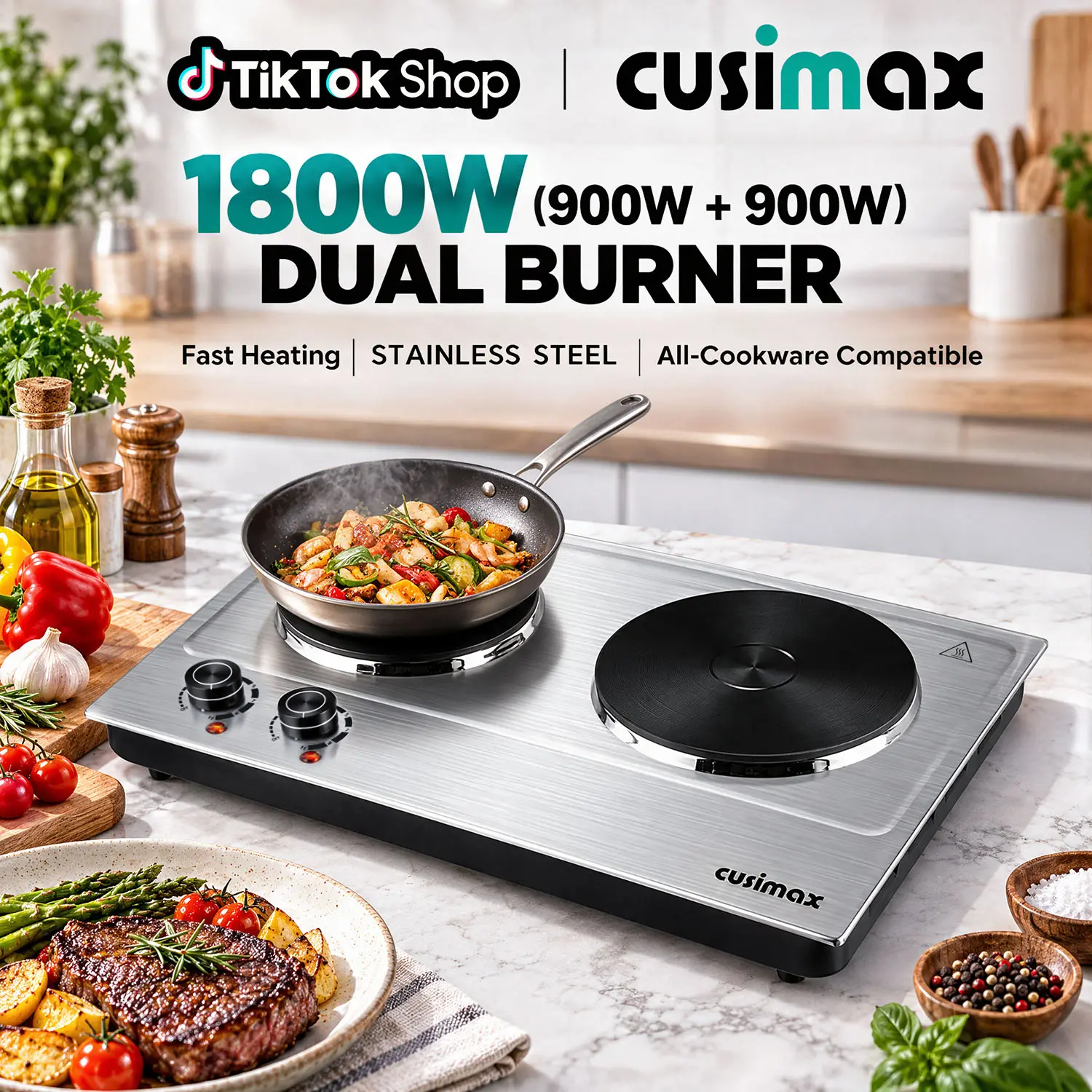 CUSIMAX 2-Burner Corded Portable Hot Plate - 1800W Stainless Steel Electric Cooktop with Dual Cast Iron Heating Plates, Thermostatic Control, Auto Shutoff, Easy-Clean Silver Upgraded Version, US Plug, Kitchen Home Essential